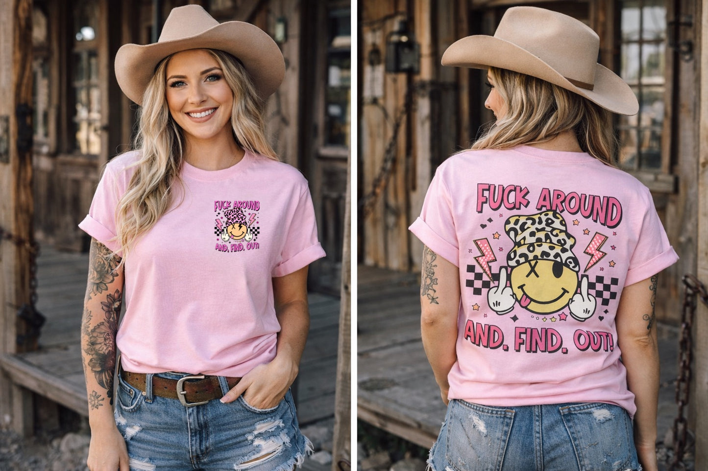 FAFO Smiley Leopard Beanie Pocket + Back Print Gildan Light Pink Shirt – Graphic Tee, Long Sleeve & Crewneck.