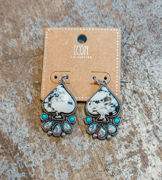 White Spade Stone Necklace & Earring Set – Turquoise + AB Crystal Western Glam Set