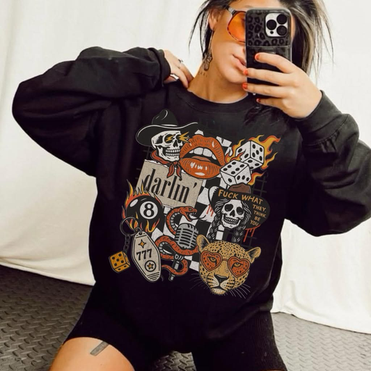 Darlin’ Western Grunge Graphic Collage on Gildan Softstyle Black Shirt – Graphic Tee, Long Sleeve & Crewneck.