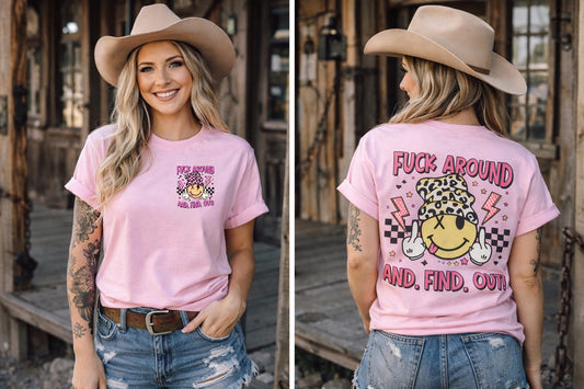 FAFO Smiley Leopard Beanie Pocket + Back Print Gildan Light Pink Shirt – Graphic Tee, Long Sleeve & Crewneck.