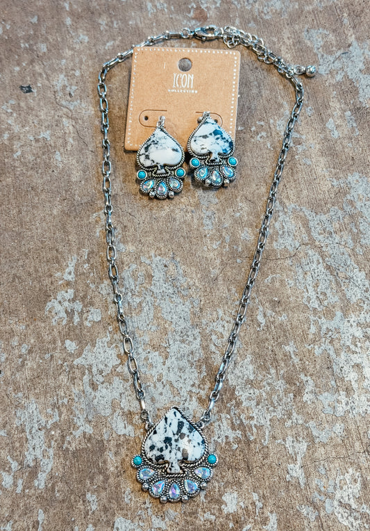 White Spade Stone Necklace & Earring Set – Turquoise + AB Crystal Western Glam Set