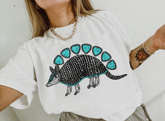 Turquoise Armadillo Western Graphic on Gildan Softstyle White Shirt – Graphic Tee, Long Sleeve & Crewneck.