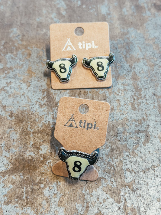 8 Ball Longhorn Ring & Stud Earring Set – Western Lucky 8 Matching Set