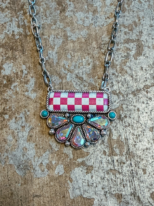Pink Checkered Crystal Fan Pendant Necklace – Turquoise Accent Western Glam Necklace