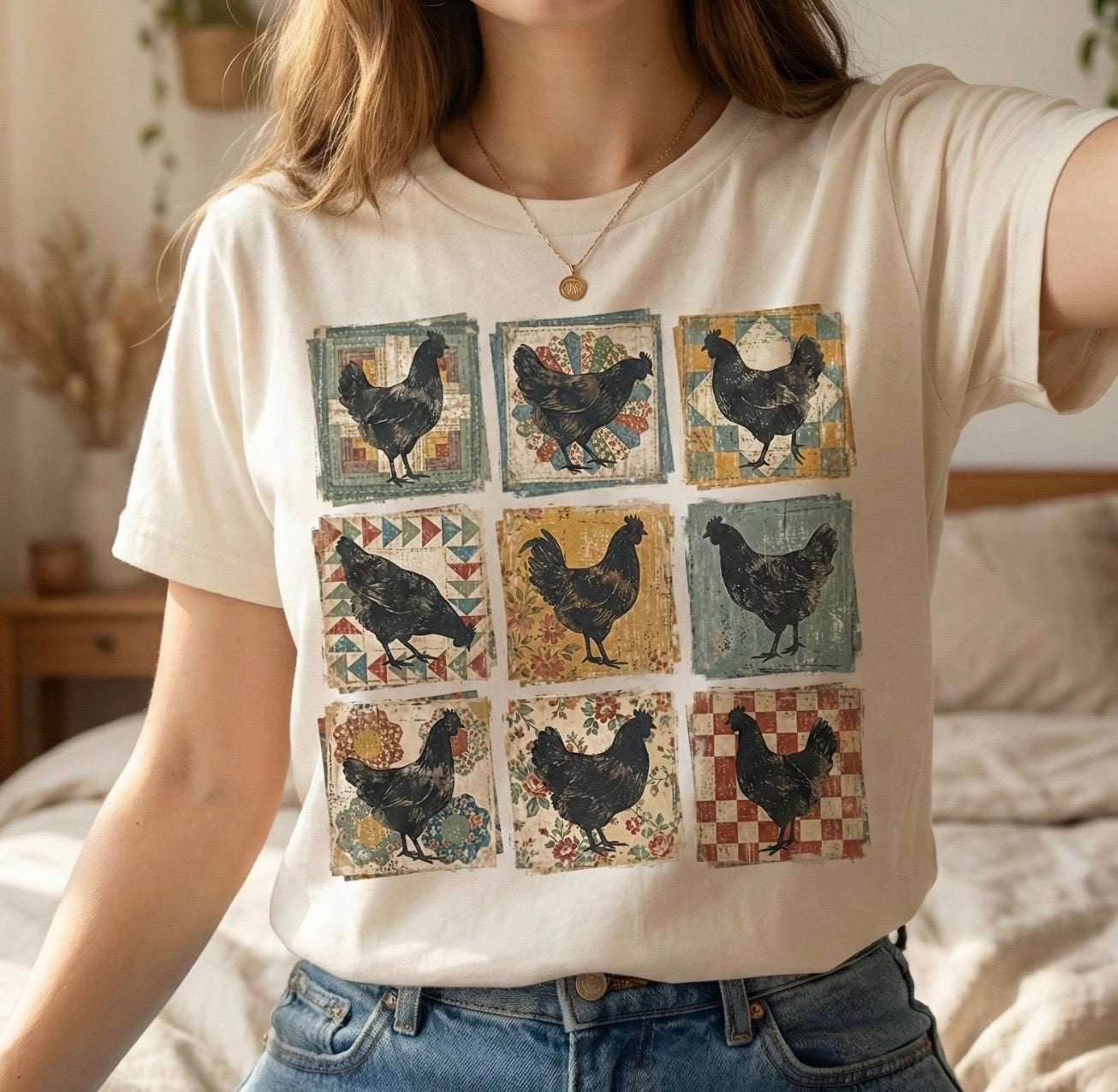 Vintage Quilt Chicken Patchwork Shirt – Graphic Tee, Long Sleeve & Crewneck.