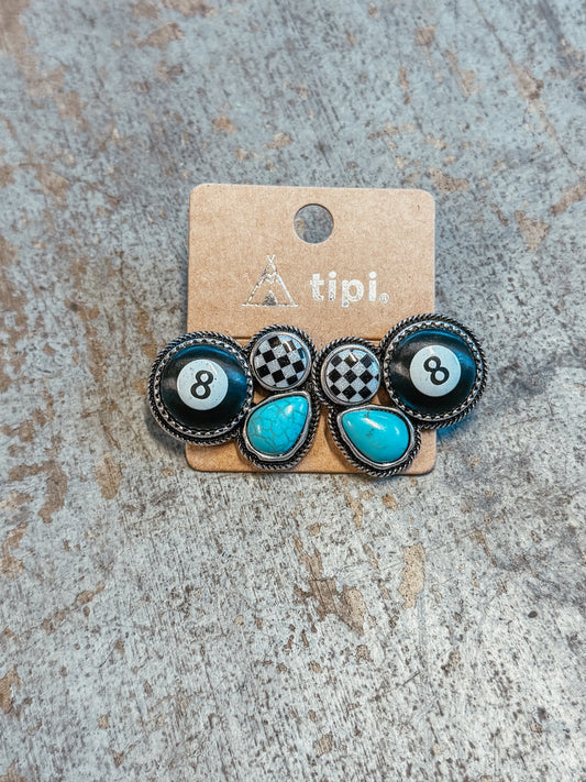 8 Ball, Turquoise & Checkered Stud Earrings – Western Edgy Statement Studs