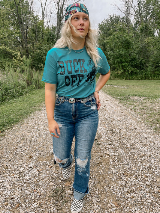 Buck Off Graphic Tee in Gildan Softstyle Tropical Blue Shirt – Graphic Tee, Long Sleeve & Crewneck.